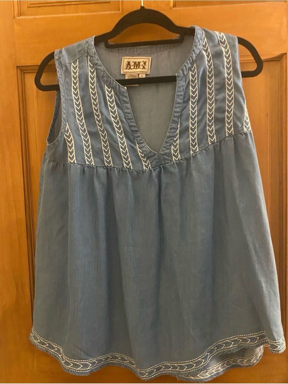 Ami Blue Chambray Embroidered Sleeveless V-Neck Tank